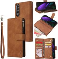 📱 lbyzcase phone case for galaxy z fold 3 5g(2021) – luxury folio flip leather cover with zipper pocket, wrist strap, and kickstand in brown logo