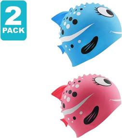 img 3 attached to 🦈 Fun Swim Caps for Kids: 2-Pack Silicone Swim Caps with Sharks & Minnows Design