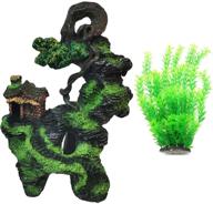 ornamental mountain view stone aquarium decor: hideout cave for beta fish & aquatic frogs with small plants - crayfish & shrimps tank decoration logo