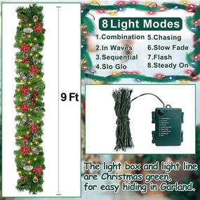 img 2 attached to 🎄 9ft Christmas Garland Decoration with 100 LED Lights & 8 Timer Modes - Battery Operated Lighted Wreath Pine Cones and Red Berries for Indoor & Outdoor Holiday Décor (Warm White)