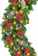 🎄 9ft christmas garland decoration with 100 led lights & 8 timer modes - battery operated lighted wreath pine cones and red berries for indoor & outdoor holiday décor (warm white) logo