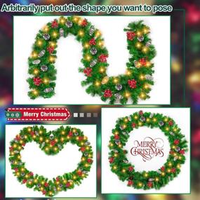 img 1 attached to 🎄 9ft Christmas Garland Decoration with 100 LED Lights & 8 Timer Modes - Battery Operated Lighted Wreath Pine Cones and Red Berries for Indoor & Outdoor Holiday Décor (Warm White)