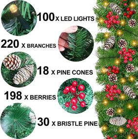 img 3 attached to 🎄 9ft Christmas Garland Decoration with 100 LED Lights & 8 Timer Modes - Battery Operated Lighted Wreath Pine Cones and Red Berries for Indoor & Outdoor Holiday Décor (Warm White)