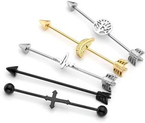 img 3 attached to 🌳 PiercingJ 16G Stainless Steel Industrial Barbell Earrings Stud Set - Cross/Tree of Life Arrow Design for Ear Cartilage Helix-Conch Piercings - 3-5pcs, 37mm Long