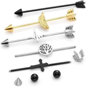 img 2 attached to 🌳 PiercingJ 16G Stainless Steel Industrial Barbell Earrings Stud Set - Cross/Tree of Life Arrow Design for Ear Cartilage Helix-Conch Piercings - 3-5pcs, 37mm Long