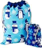 🎁 hallmark blue drawstring gift bag bundle: snowmen, penguins, snowflakes for christmas, hanukkah, holidays, birthdays - 2 fabric gift bags: medium (10") & large (19") logo