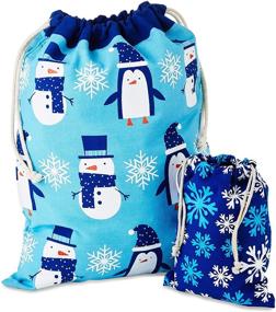 img 4 attached to 🎁 Hallmark Blue Drawstring Gift Bag Bundle: Snowmen, Penguins, Snowflakes for Christmas, Hanukkah, Holidays, Birthdays - 2 Fabric Gift Bags: Medium (10") & Large (19")