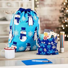 img 3 attached to 🎁 Hallmark Blue Drawstring Gift Bag Bundle: Snowmen, Penguins, Snowflakes for Christmas, Hanukkah, Holidays, Birthdays - 2 Fabric Gift Bags: Medium (10") & Large (19")