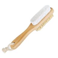 aisilk foot natural bristle brush & pumice stone combo w/rope - exfoliator pedicures calluses remover - smoother body skin, feet, elbow scrubber for massage spa, sauna, and more - wooden handle logo