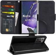 arae wallet case for samsung galaxy note 20 ultra: black with wrist strap and credit card holders logo