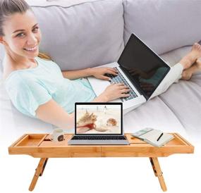img 1 attached to 🛀 Hossejoy Bathtub Caddy Tray & Laptop Desk with Foldable Legs – Luxurious Design: Extending Sides, Tablet Holder, Reading Rack, Cellphone Tray, Wine Glass Holder