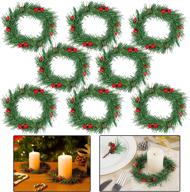 pack of 8 4-inch christmas candle rings - xmas red artificial berry candle rings with 🕯️ grass small wreaths | ideal for pillar candle holders, rustic weddings, centerpieces | christmas holiday home tabletop decor logo