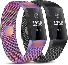 img 4 attached to 🔗 2-Pack Metal Loop Bands for Fitbit Charge 4 / Charge 3 / Charge 3 SE - Stainless Steel Magnetic Replacement Bands (Black + Colorful, Large)