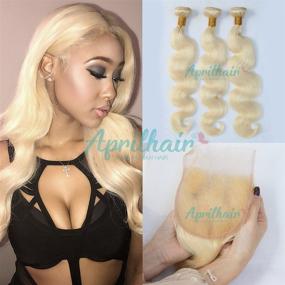 img 1 attached to 💇 Длинные волосы апреля Body Wave бразильские волосы высшего качества: 3 пучка + бесплатный челок 4x4 из мягкого кружева (12+14 16 18)