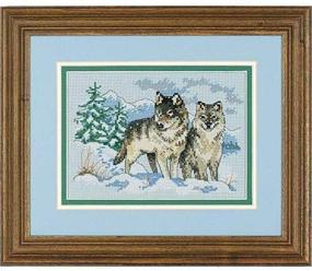 img 1 attached to 🐺 Nature Cross Stitch Kit: Pair of Wolves - DIMENSIONS 06800, 16 Count Dove Grey Aida, 7" Width x 5" Height