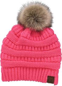 img 1 attached to 🧣 C.C Trendy Warm Soft Cable Knit Ribbed Beanie Hat with Faux Fur Pom Pom and Fuzzy Sherpa Lining