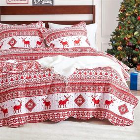 img 2 attached to 🎄 EHEYCIGA Christmas Queen Size Quilt Set - Red Reindeer and Snowflakes Reversible Holiday Home Décor - 3 Piece Bedspread Coverlet