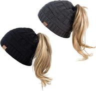 👒 women's winter high messy bun beanie hat with ponytail hole - warm knit trendy ski cap (black & dark gray) logo