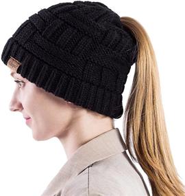 img 2 attached to 👒 Women's Winter High Messy Bun Beanie Hat with Ponytail Hole - Warm Knit Trendy Ski Cap (Black & Dark Gray)