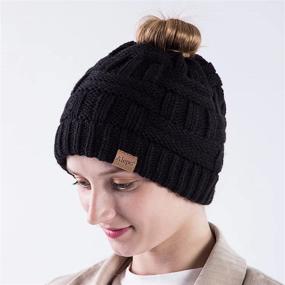 img 3 attached to 👒 Women's Winter High Messy Bun Beanie Hat with Ponytail Hole - Warm Knit Trendy Ski Cap (Black & Dark Gray)