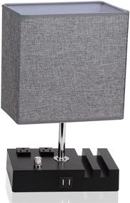 img 3 attached to 💡 EVISTR Dual USB Port Dimmable Table Lamp: Stylish Bedside Desk Lamp with Charging Station, Power Outlets, Grey Fabric Lampshade, LED Bulb Included (Black/Grey)