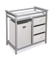 👶 contemporary baby changing table featuring a built-in laundry hamper, 3 storage baskets, and cushioned pad logo