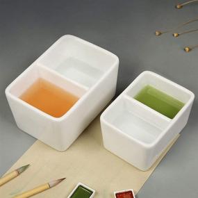 img 1 attached to Large Rectangle 2-Grid Deep Watercolor Painting Dish 🎨 Mixing Tray, Lzttyee White Porcelain Paint Palette Brush Wash Bowl