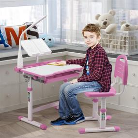 img 3 attached to 💖 LINKLIFE Kids Functional Desk and Chair Set: Height Adjustable Study Desk with Tilt Desktop, Bookstand, LED Light, and Storage Drawer for Boys and Girls - Pink