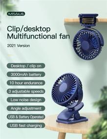 img 3 attached to 👶 MISSUE Clip On Desk Fan with 3 Speeds, Stroller Fan for Babies, USB & Battery Operated, Including 3000mAh Rechargeable Battery for Child, Men, Women