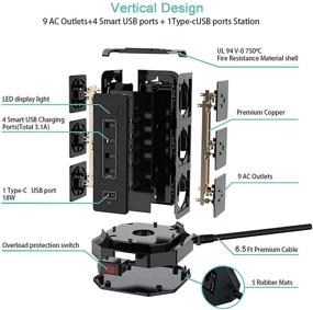 img 3 attached to 💡 9 розеток на башенке с защитой от скачков напряжения и 4 порта USB, 1 порт USB C, шнур питания длиной 6,5 фута - идеально подходит для офиса, дома, кафе, магазина, ресторана, комнаты общежития