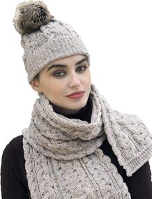 img 3 attached to 🧣 Stay Cozy in Style: Aran Crafts Women's Irish Cable Knitted Soft Pom Faux Fur Hat – 100% Merino Wool