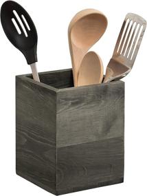 img 4 attached to 🍴 MyGift Rustic Vintage Gray Wood Crock Utensil Holder: Organize Kitchen Essentials Efficiently with this Square Caddy!