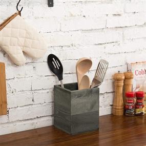 img 3 attached to 🍴 MyGift Rustic Vintage Gray Wood Crock Utensil Holder: Organize Kitchen Essentials Efficiently with this Square Caddy!