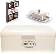 🍞 vintage stainless steel bread box container for kitchen decor - retro cream metal bread bin for kitchen counter - dry food storage - includes free butter dish and serving ebook - store bread loaf logo