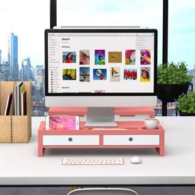 img 2 attached to 🌸 Pink Monitor Stand Riser Desk Organizer with Keyboard Storage Drawers - 22x10.6x4.7 inch