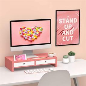 img 3 attached to 🌸 Pink Monitor Stand Riser Desk Organizer with Keyboard Storage Drawers - 22x10.6x4.7 inch