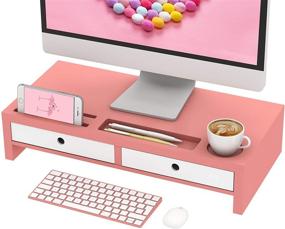 img 4 attached to 🌸 Pink Monitor Stand Riser Desk Organizer with Keyboard Storage Drawers - 22x10.6x4.7 inch