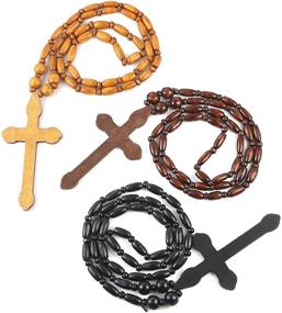 img 3 attached to 📿 HZMAN Large Cross Pendant Prayer Beads Rosary Necklace Set - Natural Walnut Wooden with Black, Brown, and Tan Religion