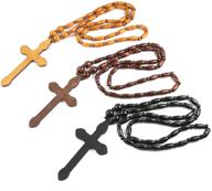 📿 hzman large cross pendant prayer beads rosary necklace set - natural walnut wooden with black, brown, and tan religion logo