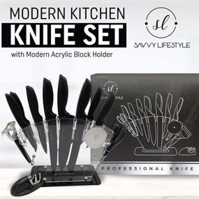 img 3 attached to 🔪 Savvy Lifestyle 17-Piece Kitchen Knife Set with Acrylic Stand - Stainless Steel Cutlery, Steak Knives, Peeler, Scissors, Sharpener, Pizza Cutter Wheel