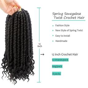 img 2 attached to 🔥 12 Inch Synthetic Fluffy Spring Twist Crochet Hair 1B - Pre loop 8 Packs Spring Senegalese Twist Crochet Braids Curl End Crochet Hair for Black Women Bomb Twist Crotchet Hair