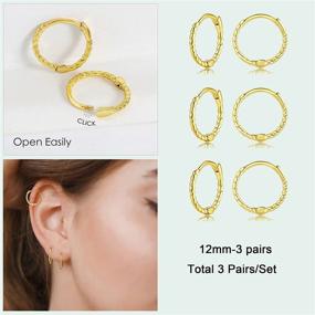 img 2 attached to 💍 Gold Plated Hoop Earrings and Nose Ring Set - Hypoallergenic, 3 Pairs for Women, Men, and Teens, 14K Gold Cartilage Earrings 12mm