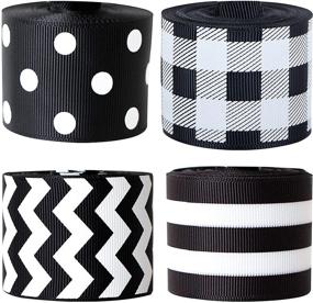 img 4 attached to 🎀 4 Rolls Wired Edge Ribbons Fabric Ribbons Plaid Wrapping Ribbons Striped Gingham Grosgrain Ribbon Dot Pattern Ribbons for DIY Crafts Party Home Decoration - Each Roll 1.5 Inches x 5 Yards (Black & White)