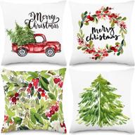 🎄 whaline 18x18 inches set of 4 christmas pillow cases - merry christmas pillow cover with wreath, xmas tree, truck, and berry design - perfect for home, office, sofa, bed, and christmas party logo