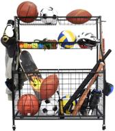 🏋️ optimized sports equipment organizer - kinghouse garage ball storage rack and gear organizer with baskets, hooks, rolling cart - steel, black logo