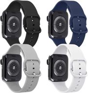 tobfit 4 пакета ремешков для apple watch 38 мм 42 мм 40 мм 44 мм - мягкий спортивный заменяемый браслет для iwatch серии 6 5 4 3 se (черный/серый/белый/синий, 38 мм/40 мм s/m) логотип