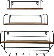 🪑 versatile rustic wooden floating shelves with 6 hooks – ideal wall storage rack for bathroom, kitchen, bedroom, trophy – set of 3 logo