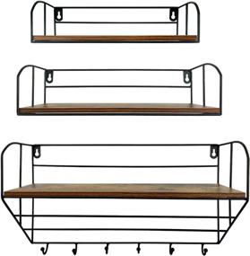 img 4 attached to 🪑 Versatile Rustic Wooden Floating Shelves with 6 Hooks – Ideal Wall Storage Rack for Bathroom, Kitchen, Bedroom, Trophy – Set of 3
