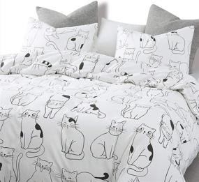 img 2 attached to 🐱 Wake In Cloud Cat Duvet Cover Set - 100% Cotton Bedding with Charming Hand-drawn Cats Pattern - Full Size, 3pcs - Zipper Closure Included