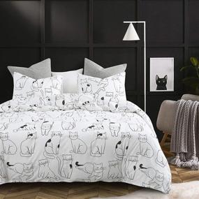 img 3 attached to 🐱 Wake In Cloud Cat Duvet Cover Set - 100% Cotton Bedding with Charming Hand-drawn Cats Pattern - Full Size, 3pcs - Zipper Closure Included